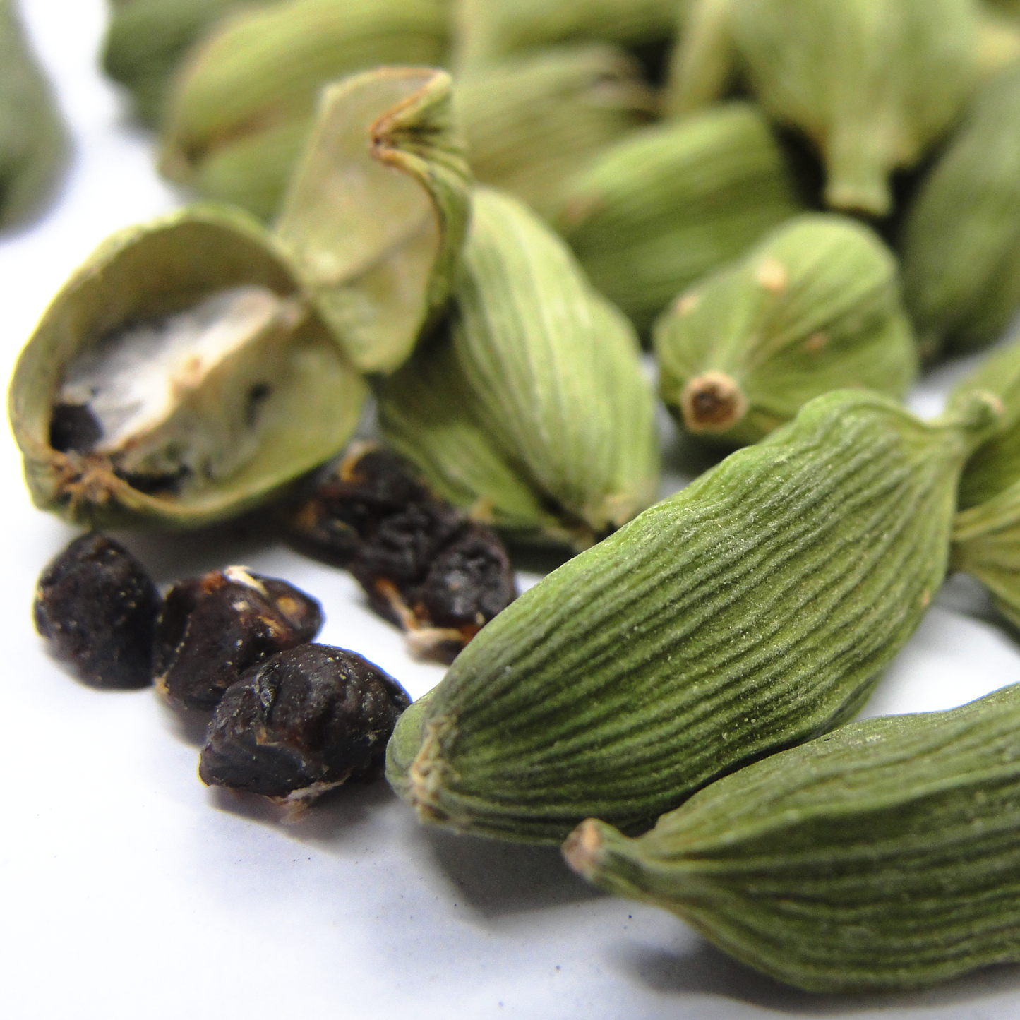 Foto ampliada de cardamomo verde o cardamomo verdadero entero